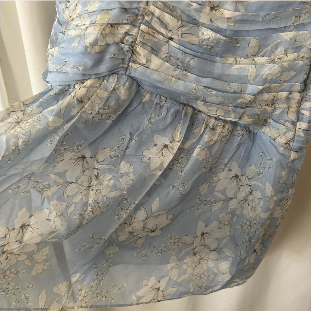Intermix Vintage Vibe Light Blue Floral Silk Mini Dress Ruffled & Ruched - Picture 8 of 13